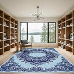 Ornate Blue Fleur De Lis Scroll Rug
