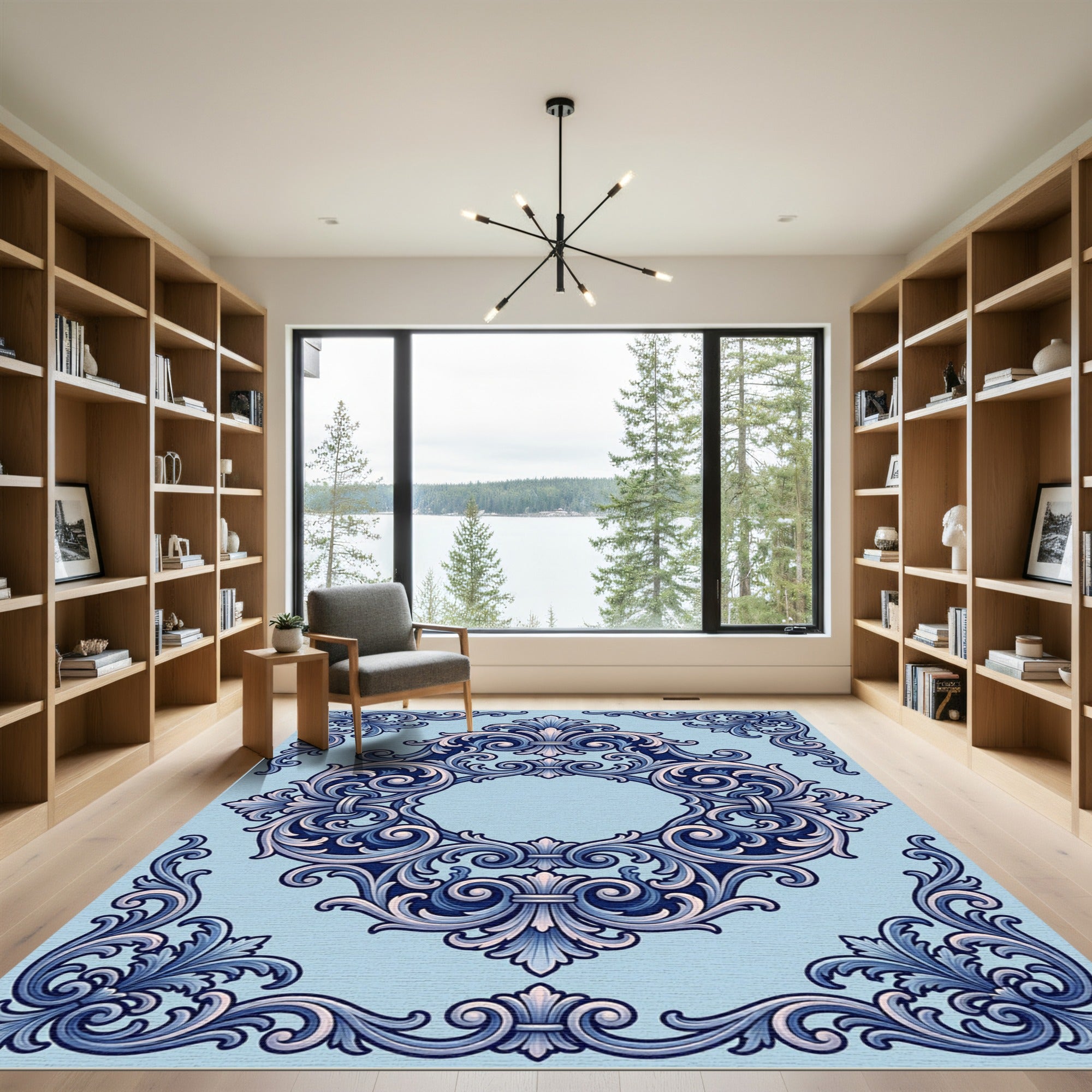 Ornate Blue Fleur De Lis Scroll Rug