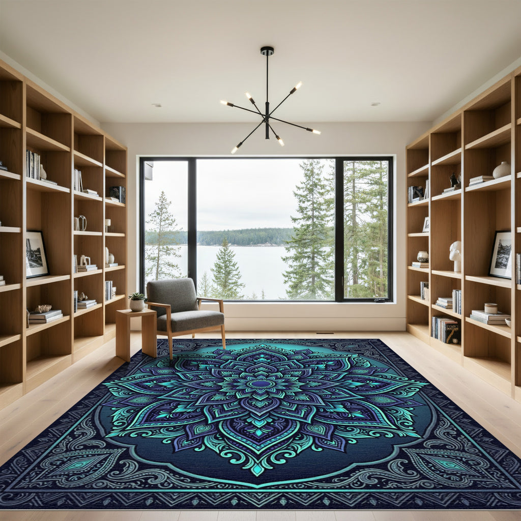 Radiant Teal Indigo Floral Mandala Rug