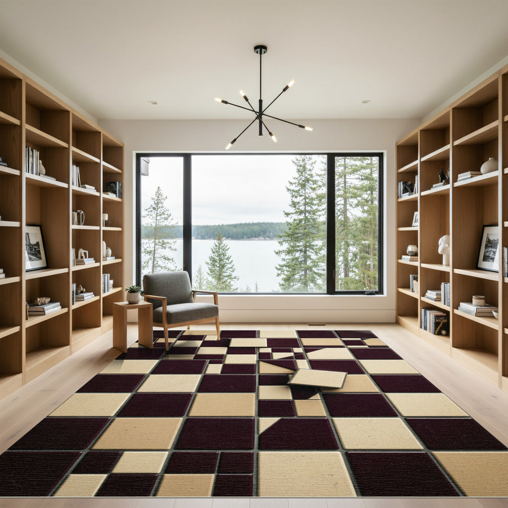 Tuscan Yellow Burgundy Geometric Squares Rug