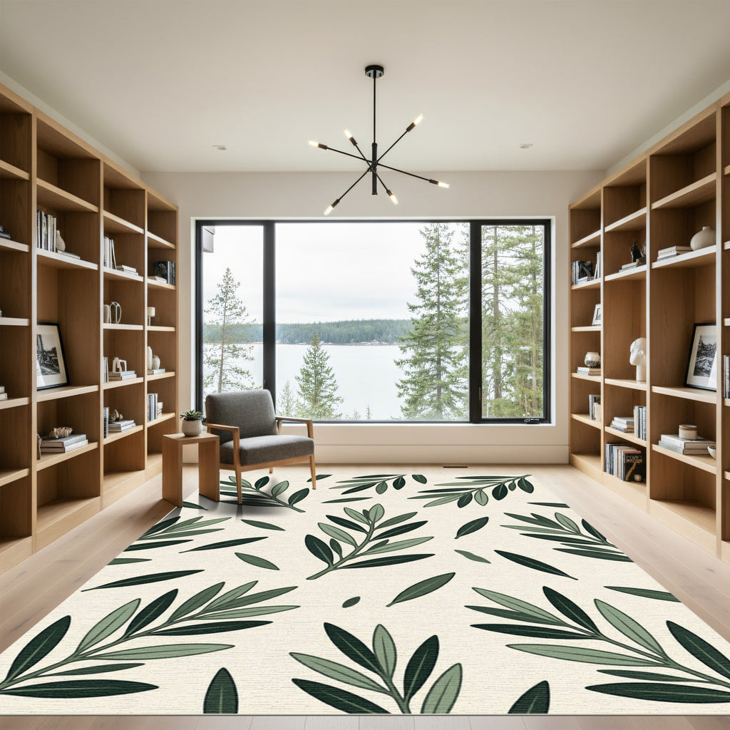 Elegant Sage Olive Branch Botanical Rug