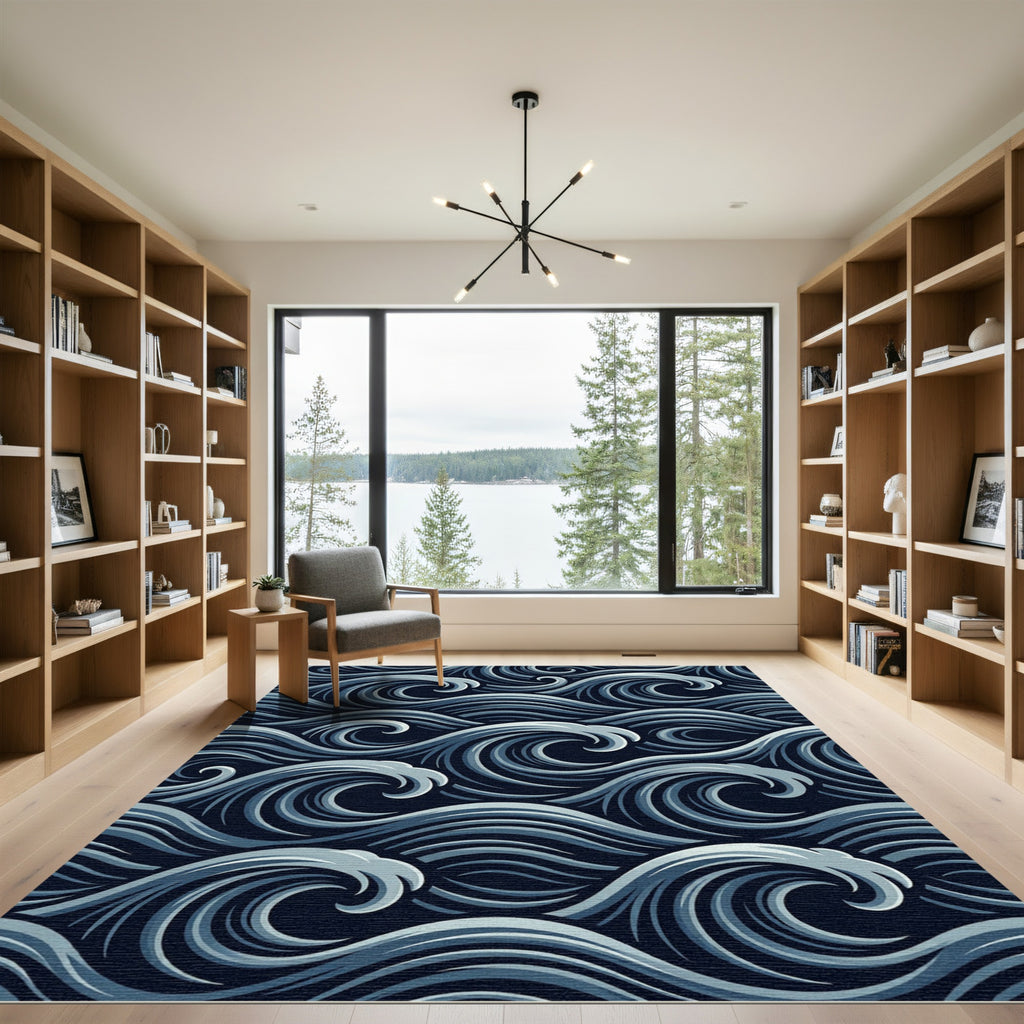 Deep Blue Ocean Swirl Abstract Rug