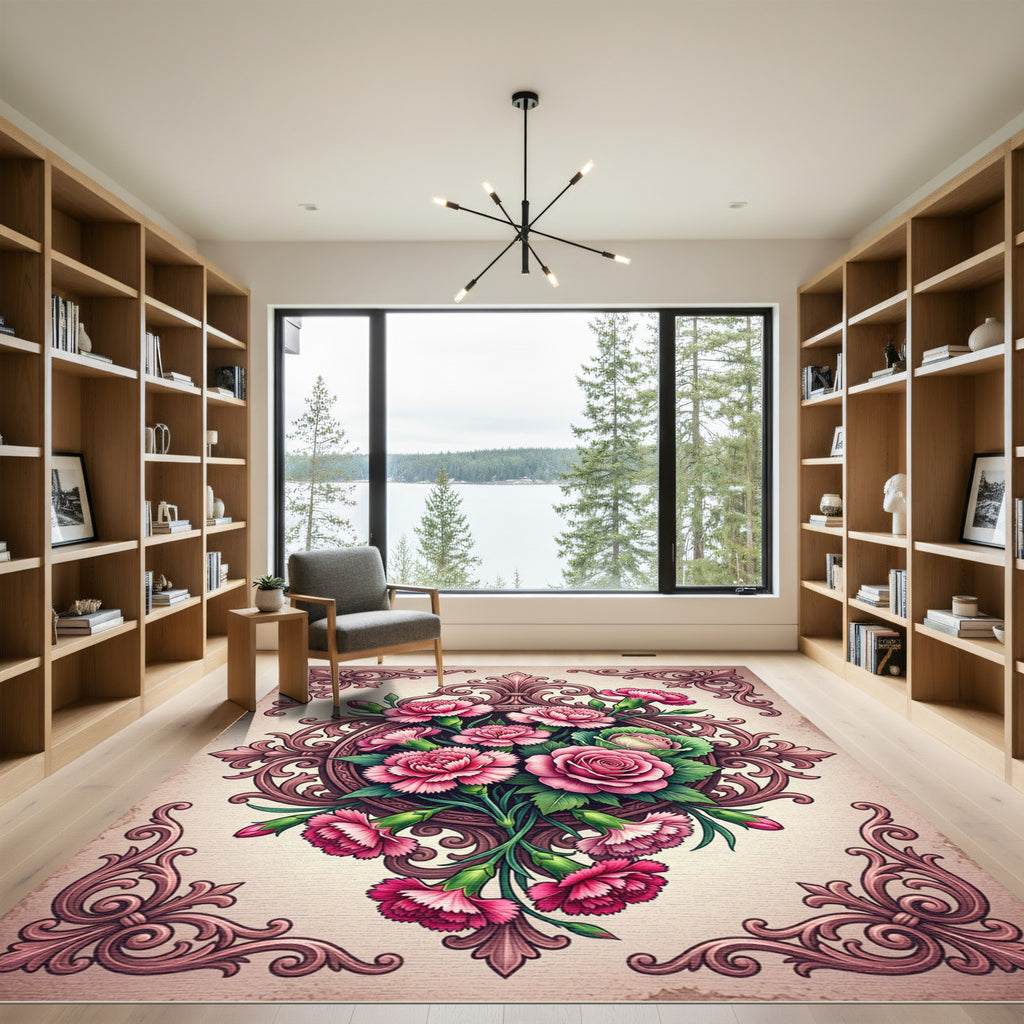 Elegant Pink Carnation Rose Floral Medallion Rug