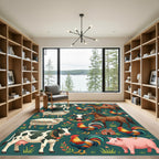 Charming Farm Animal Forest Green Illustration Rug
