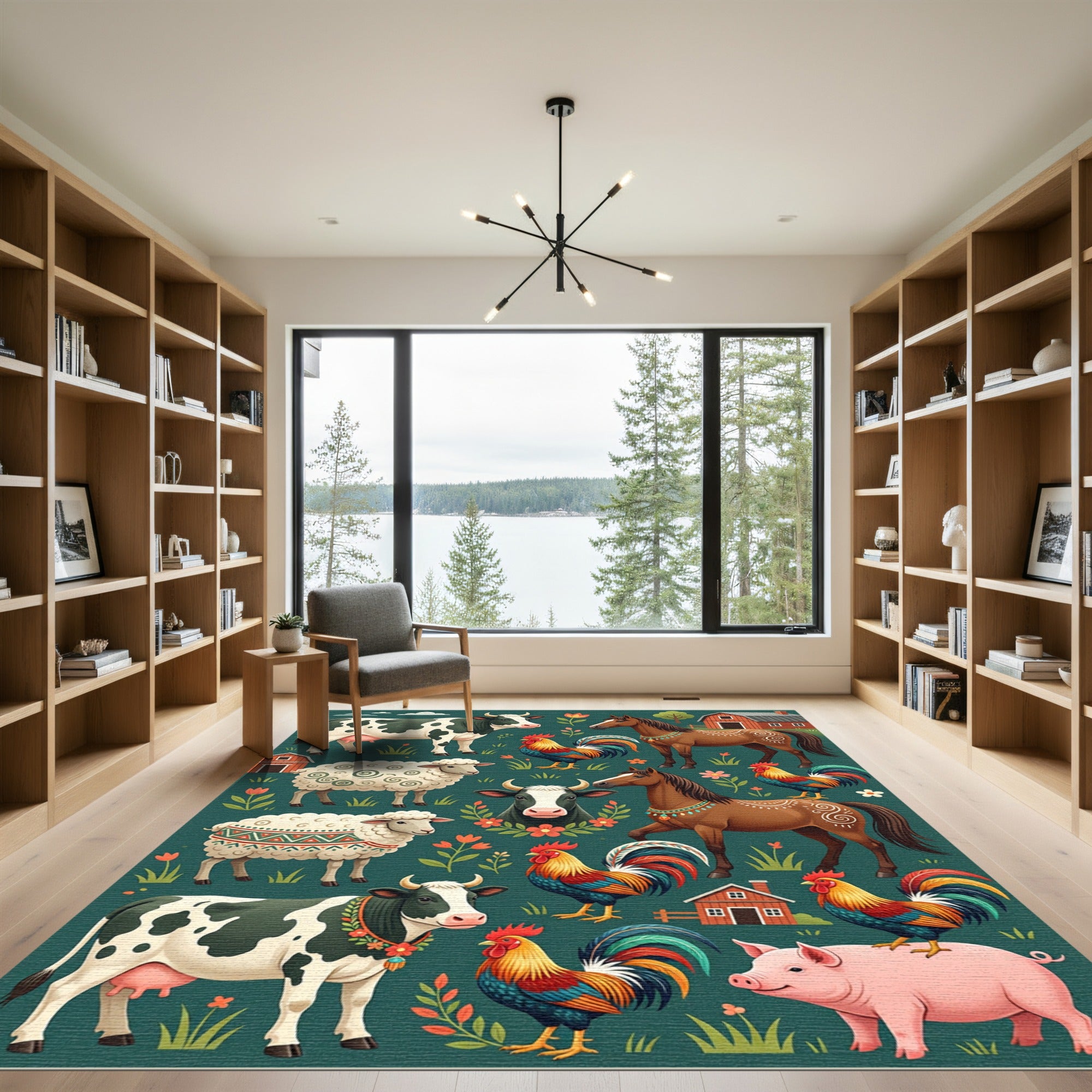 Charming Farm Animal Forest Green Illustration Rug