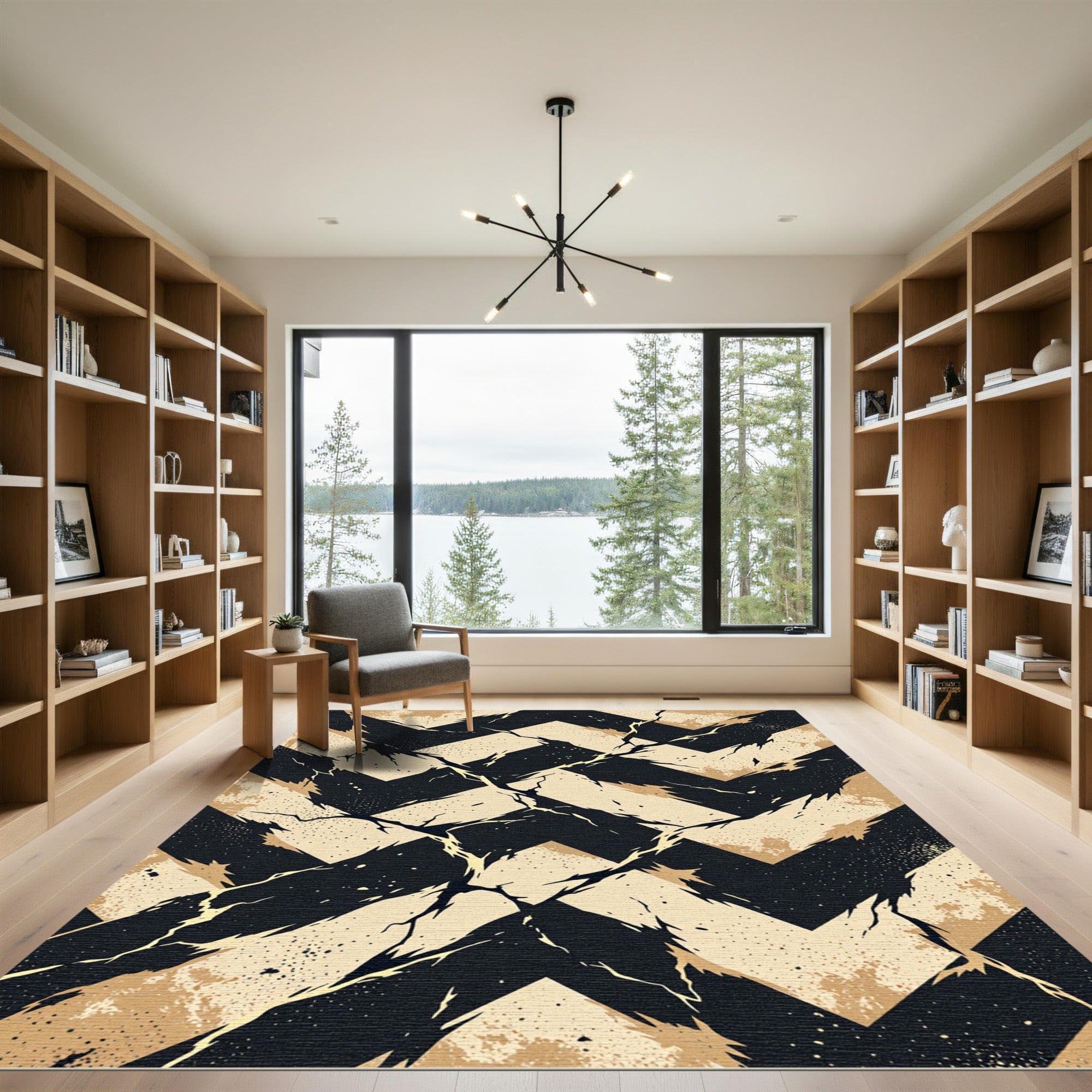 Abstract Black and Cream Chevron Crackle Rug