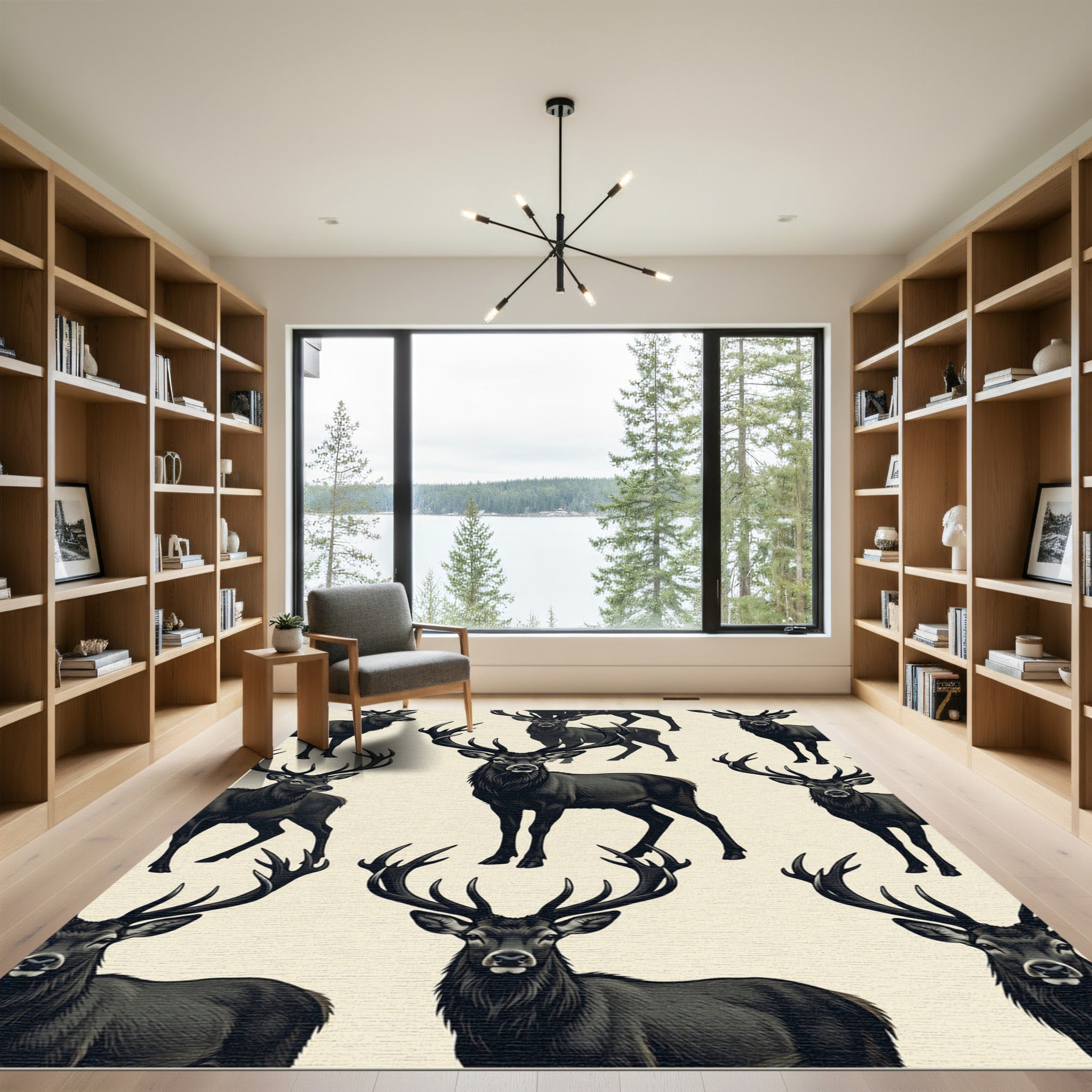 Regal Charcoal Stag Forest Illustration Rug