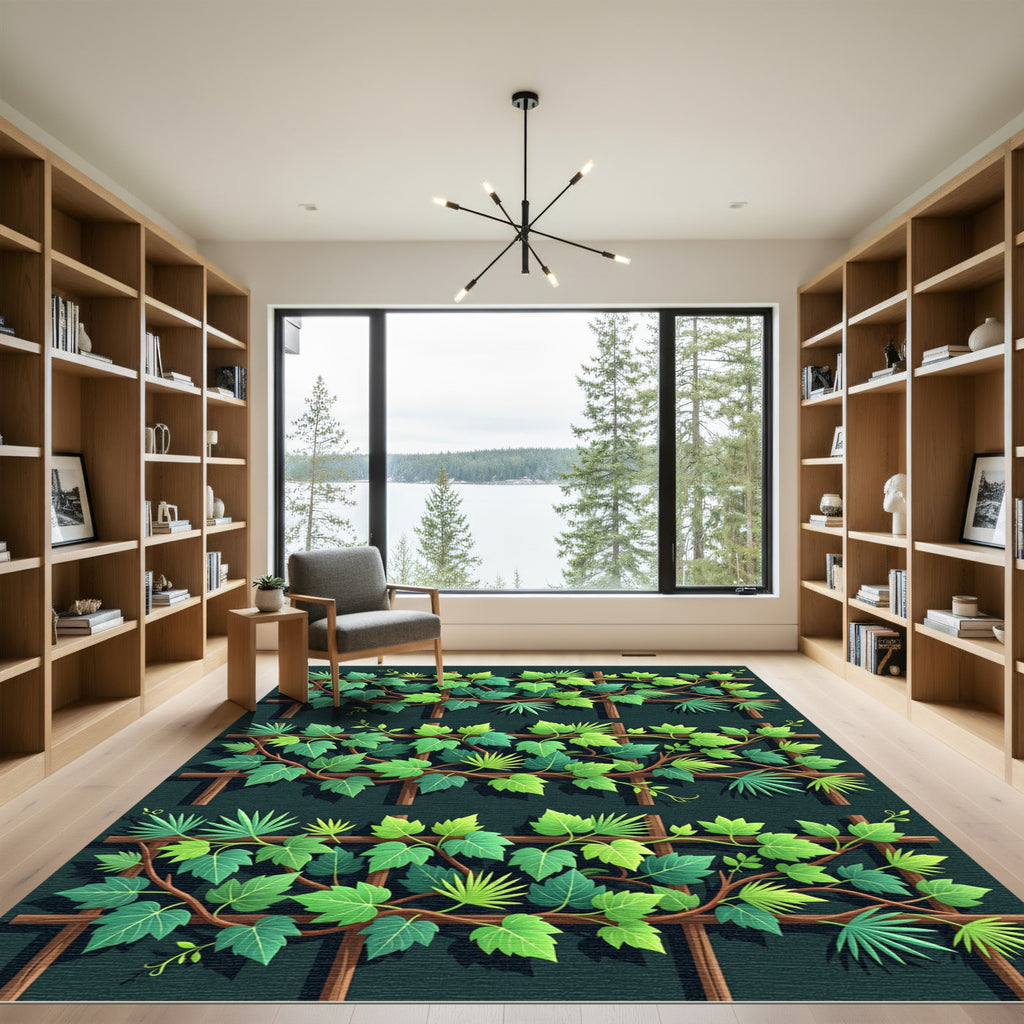 Lush Green Tropical Foliage Trellis Rug