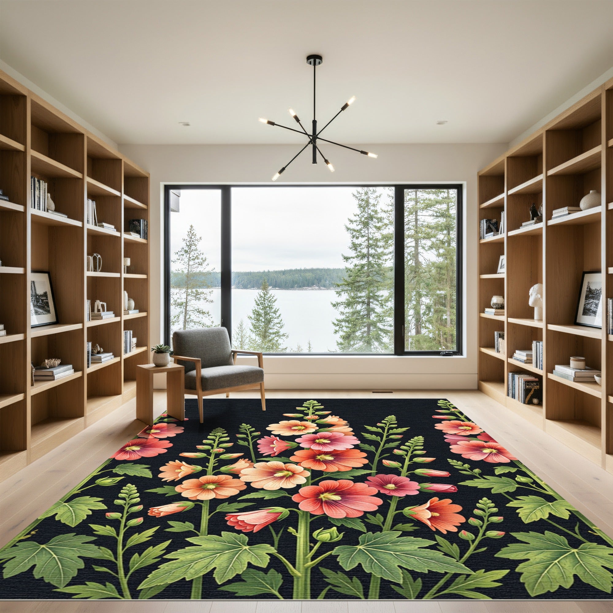 Vibrant Pink and Peach Hollyhock Floral Rug