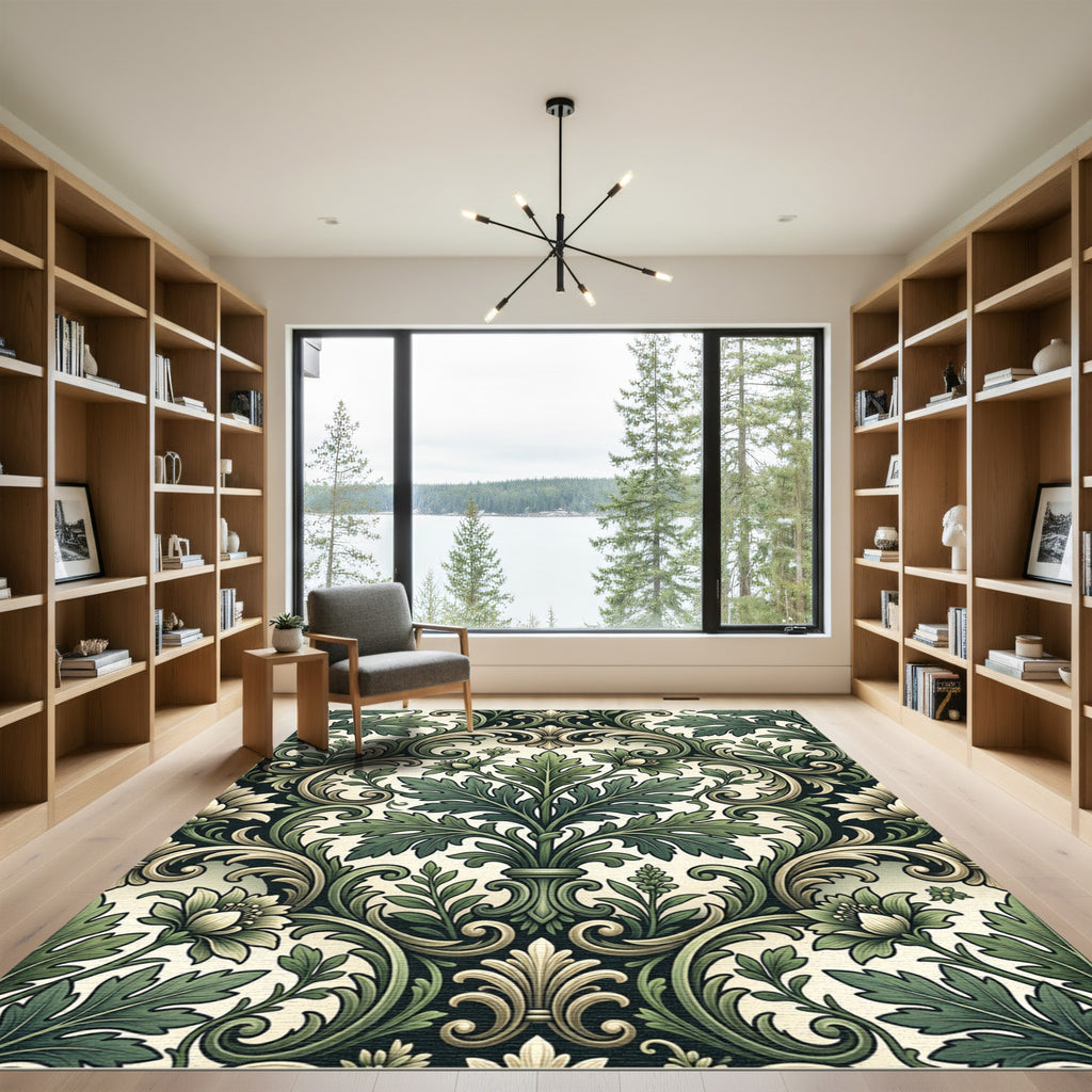 Elegant Sage Damask Scroll Leaf Illustration Rug