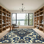 Navy Cream Floral Damask Scroll Rug