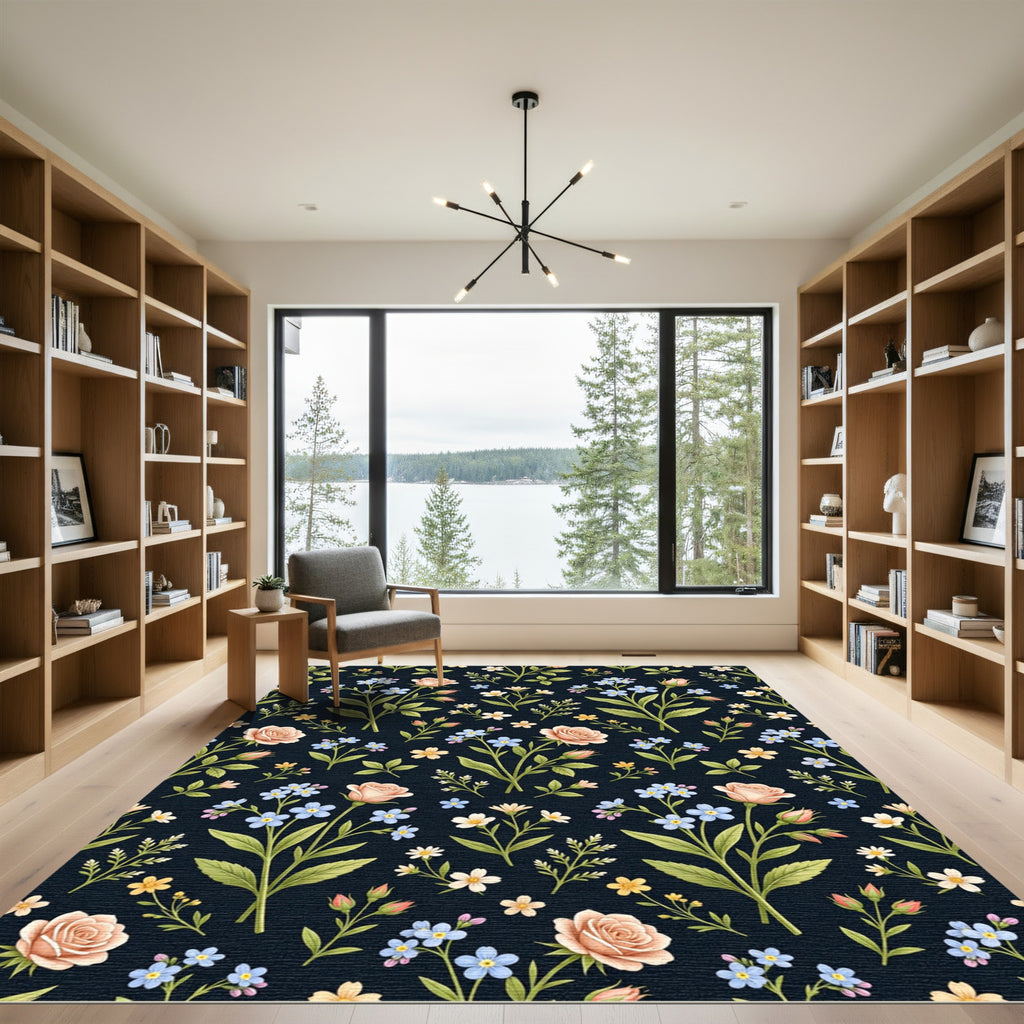 Peach and Blue Floral Botanical Print Rug