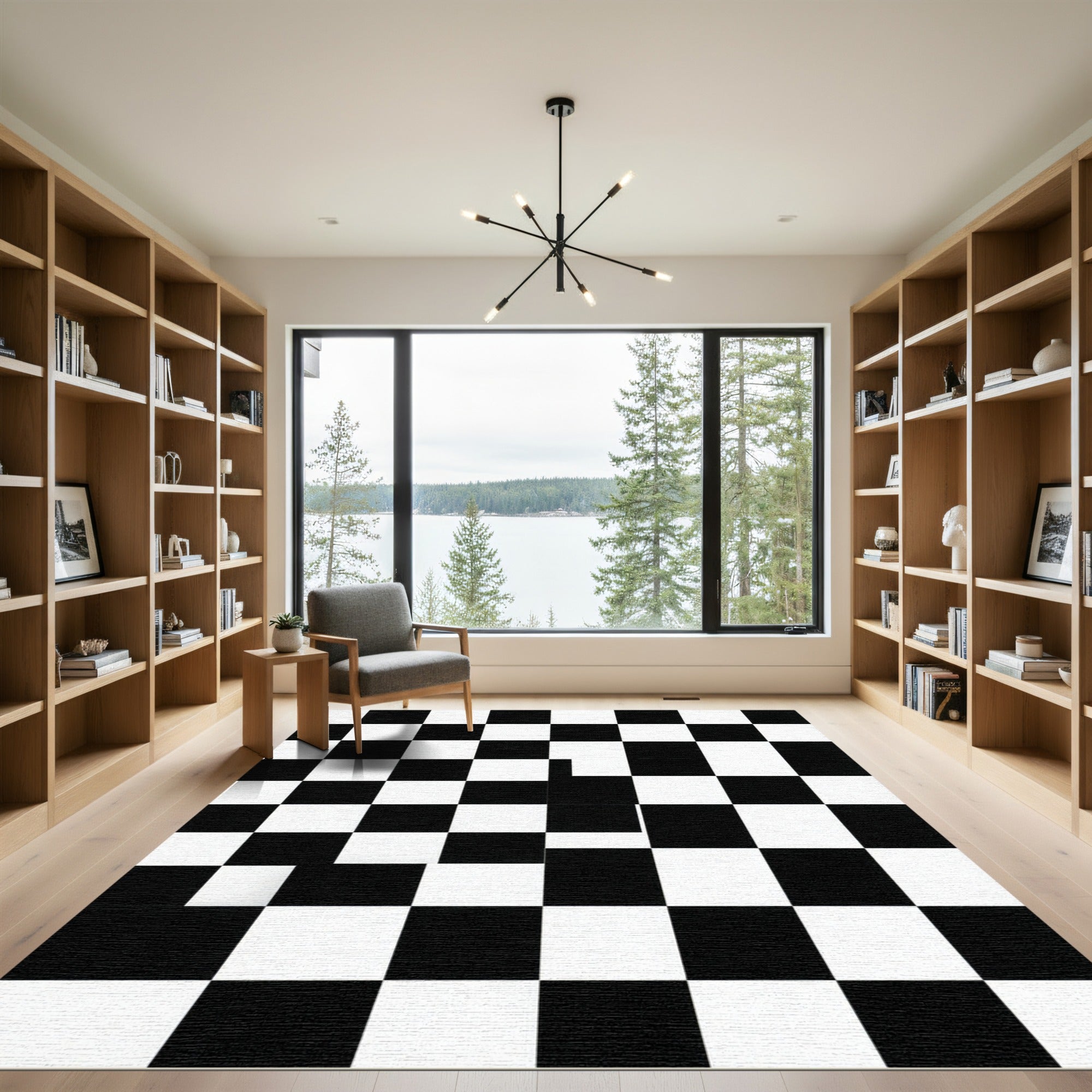 Bold Black and White Checkered Grid Rug
