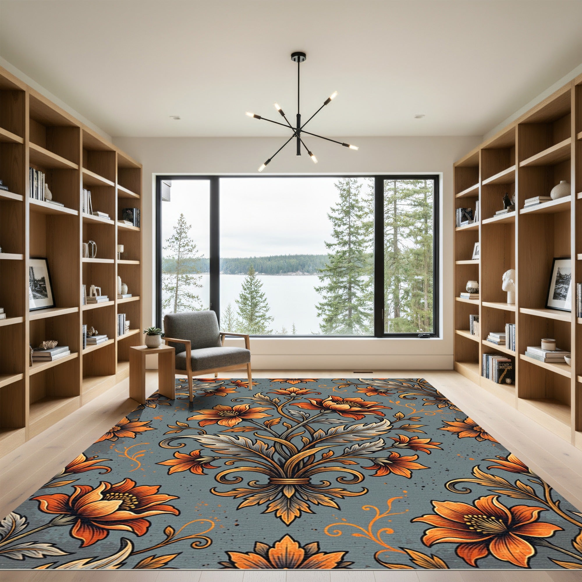 Golden Orange Floral Botanical Damask Rug