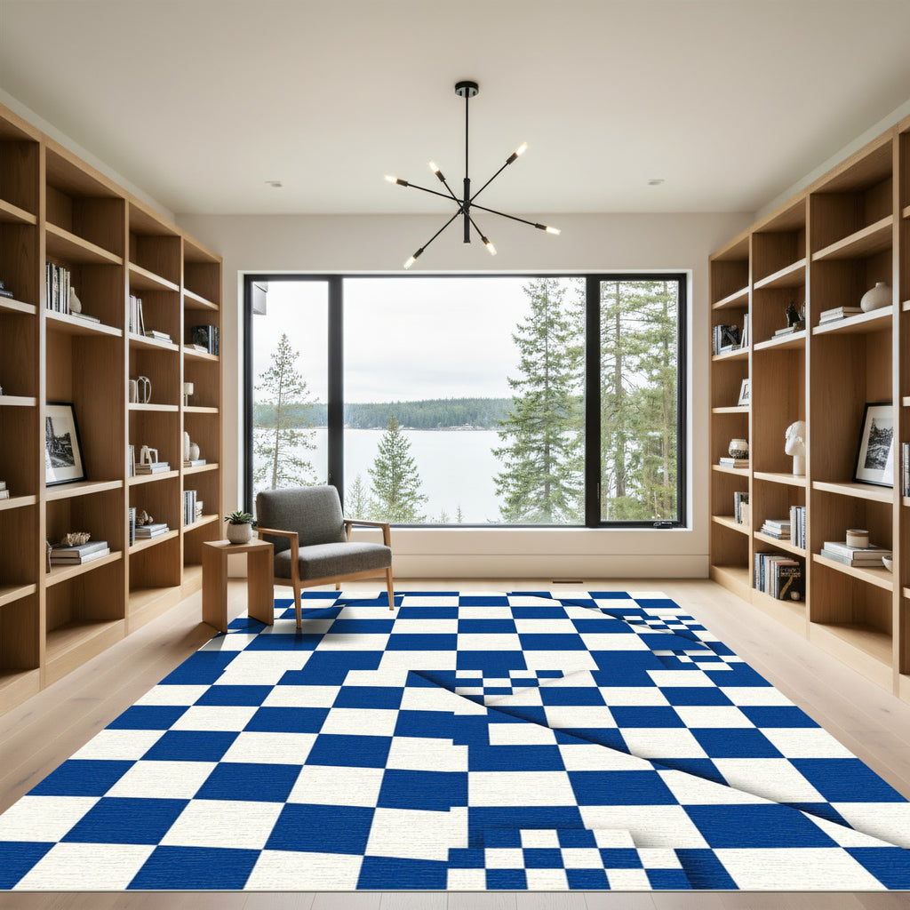Geometric Blue and White Checkered Rug