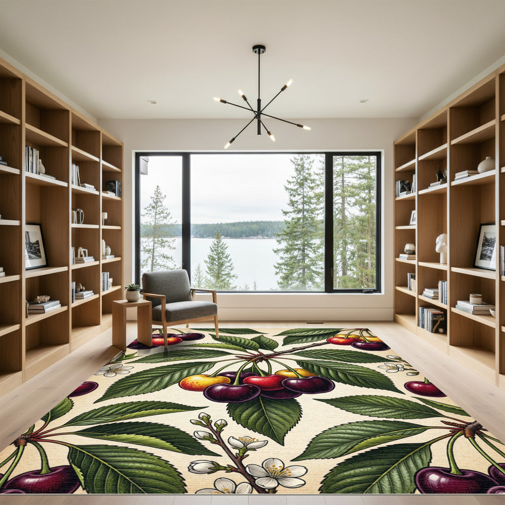 Vintage Botanical Cherry Orchard Illustration Rug