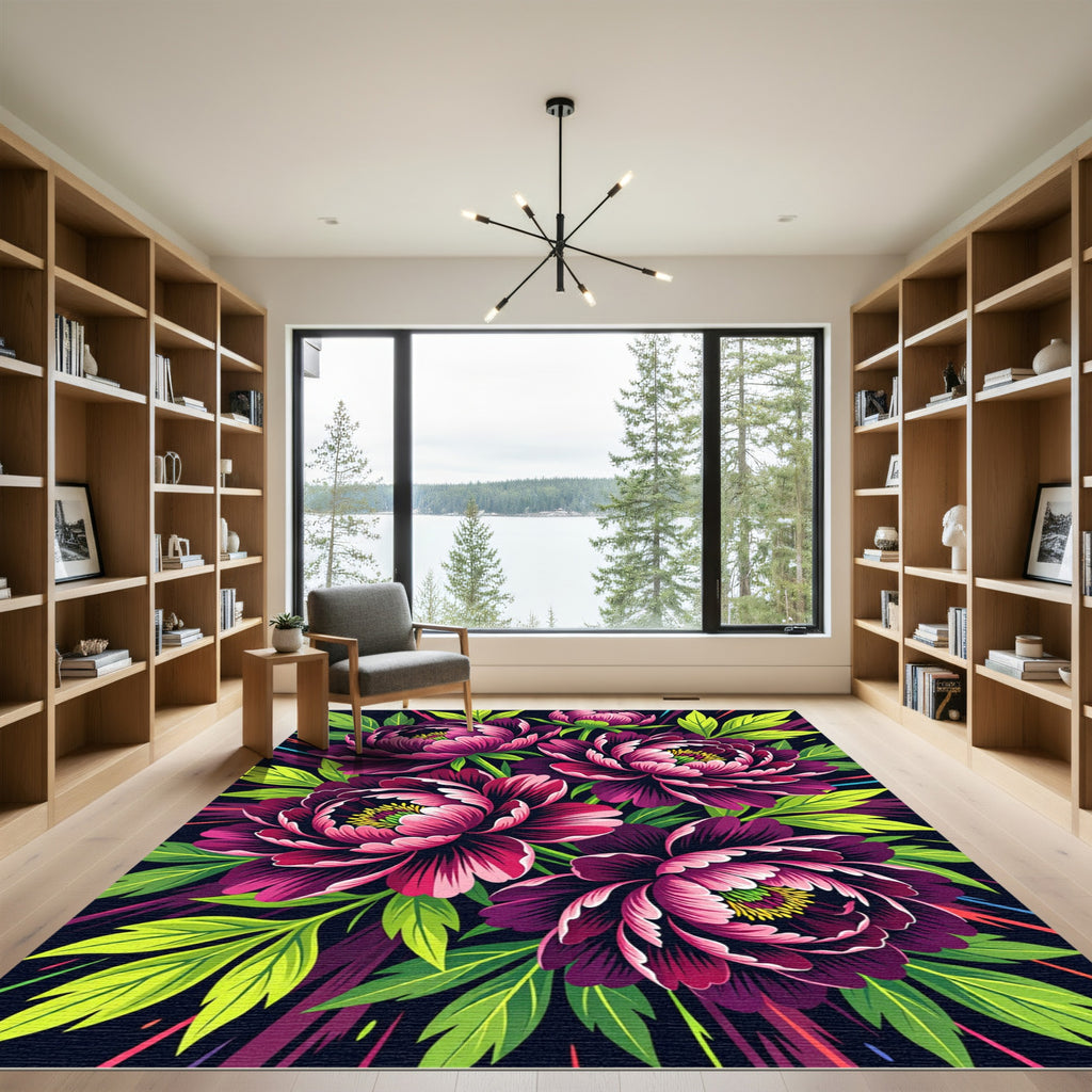 Vibrant Magenta Peony Floral Explosion Rug