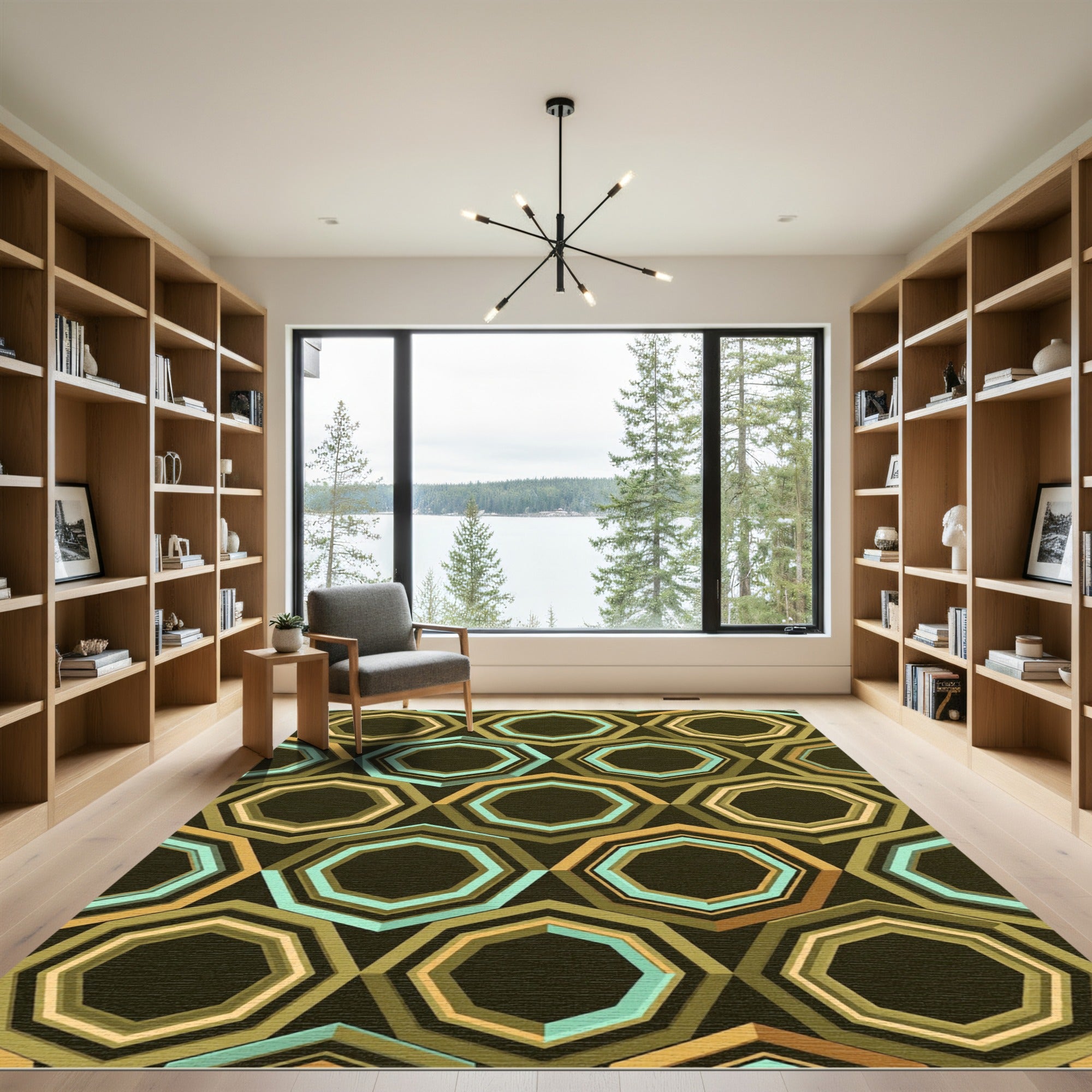 Mid-Century Retro Geometric Octagon Teal Gold Rug