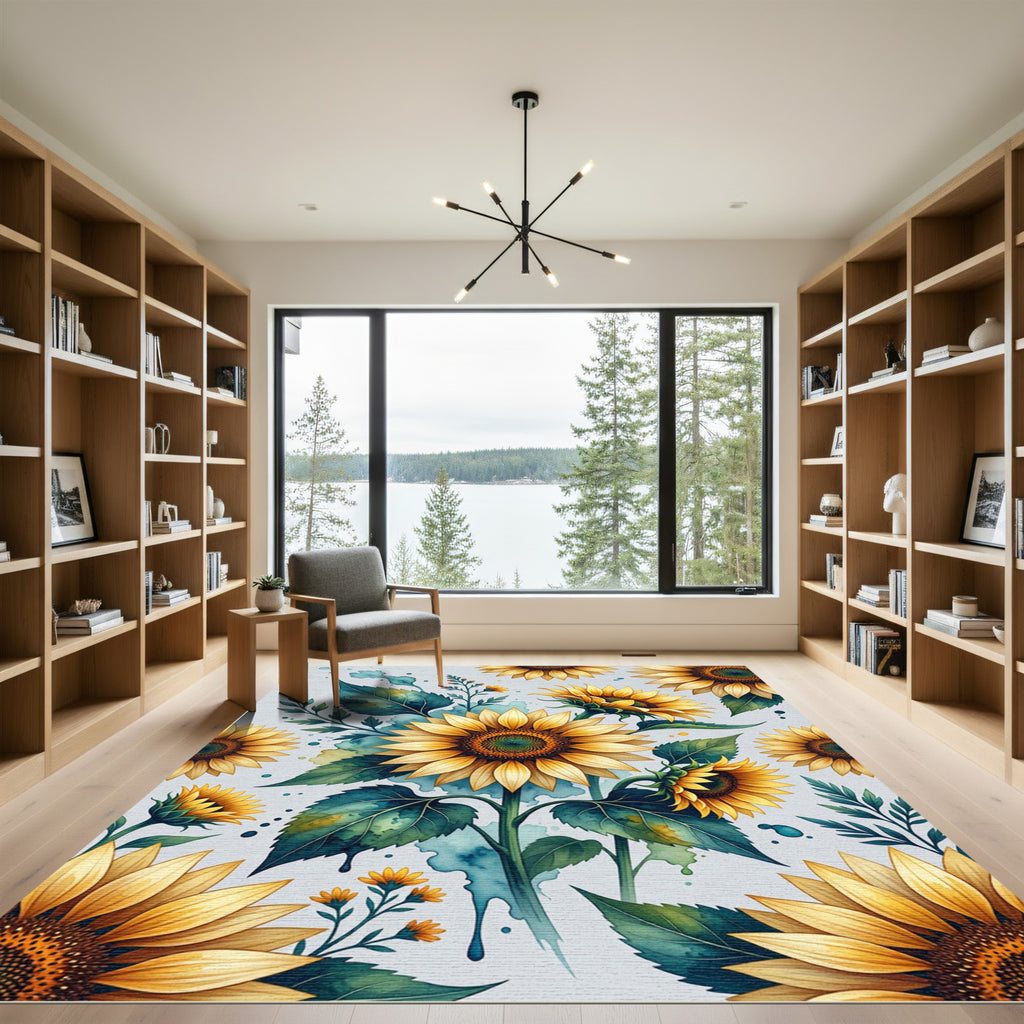 Watercolor Sunflower Botanical Garden Illustration Rug