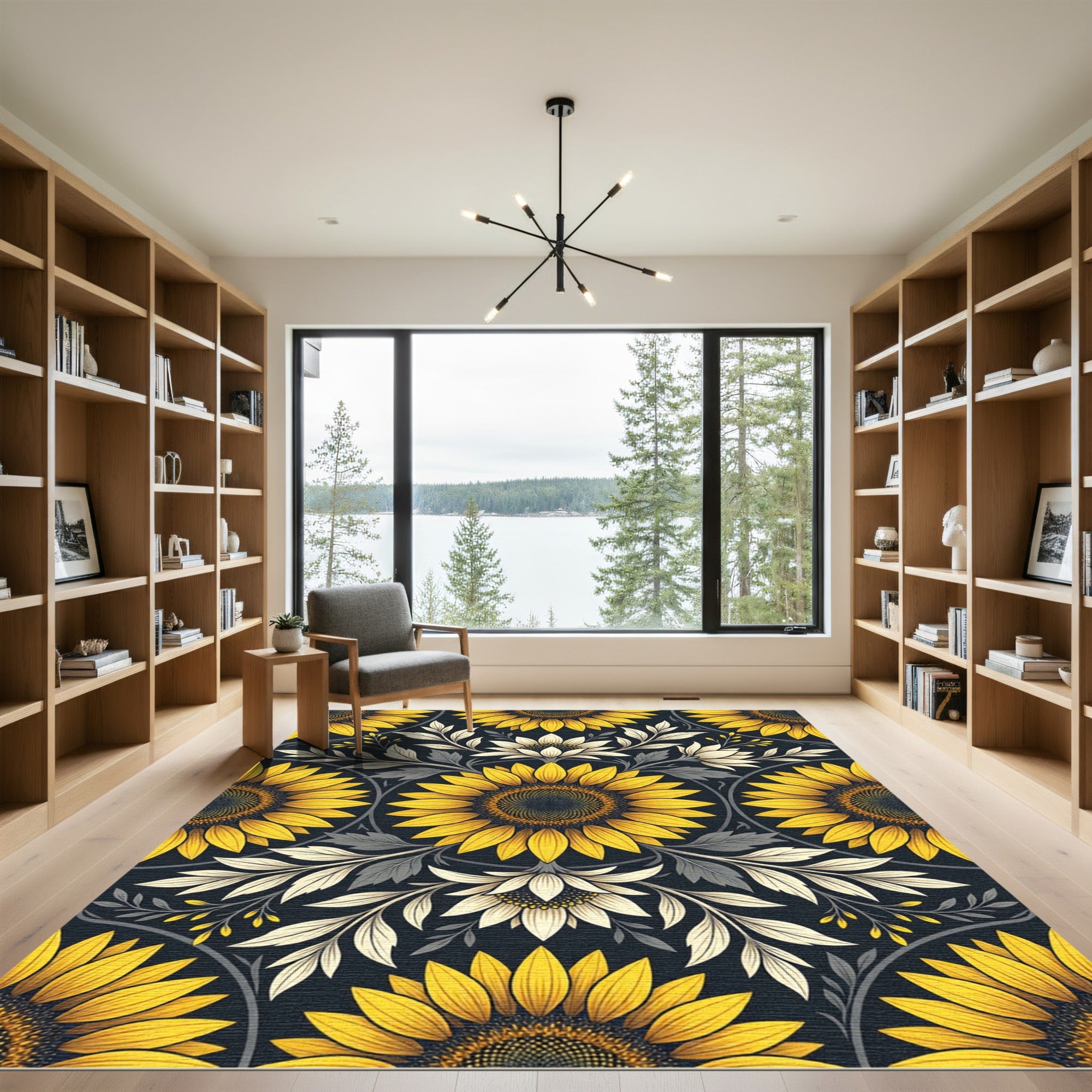Golden Sunflower Floral Botanical Arrangement Rug
