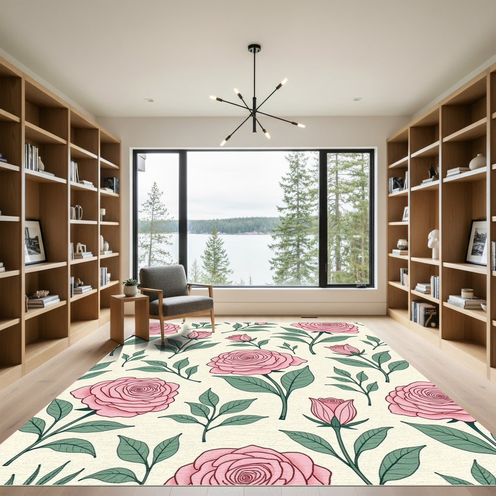 Pastel Pink Rose Garden Pattern Rug