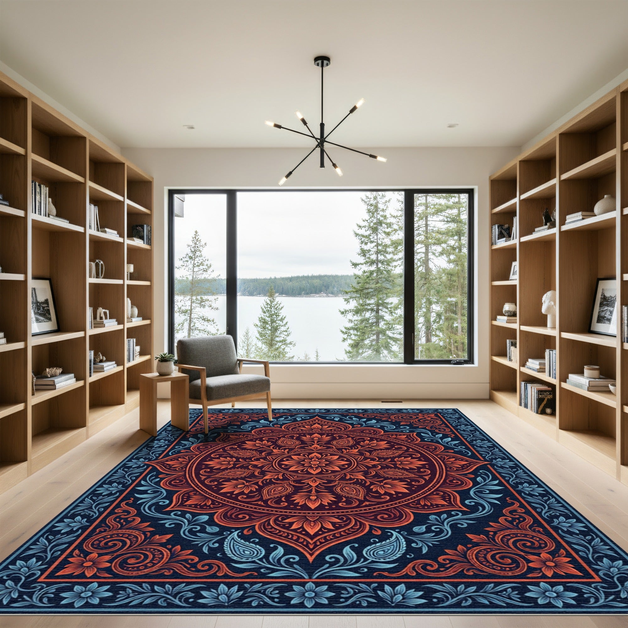 Crimson Blue Floral Medallion Border Rug