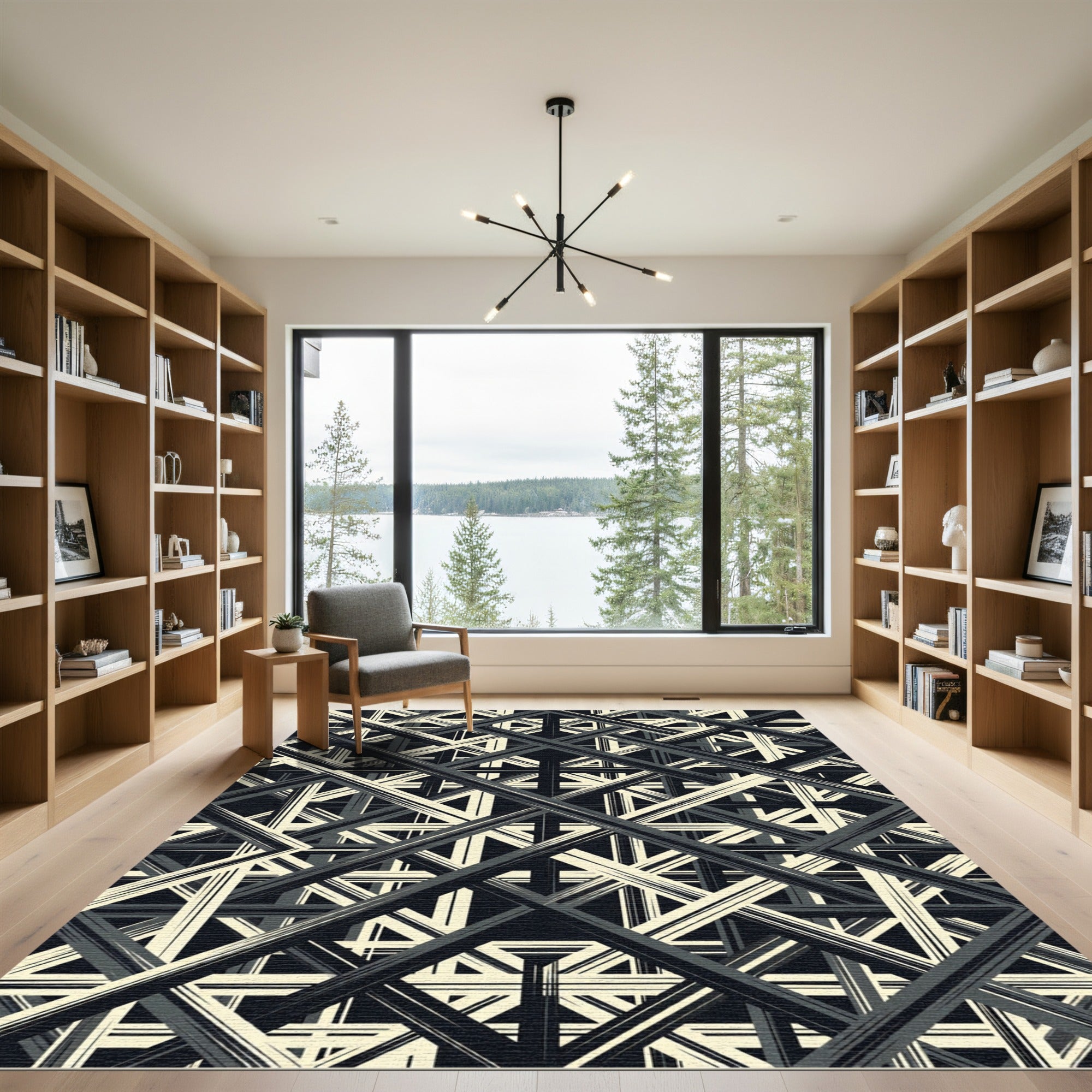 Monochrome Geometric Grid Intersecting Lines Rug