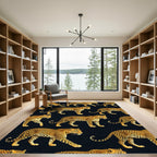 Golden Leopard Black Jungle Animal Rug
