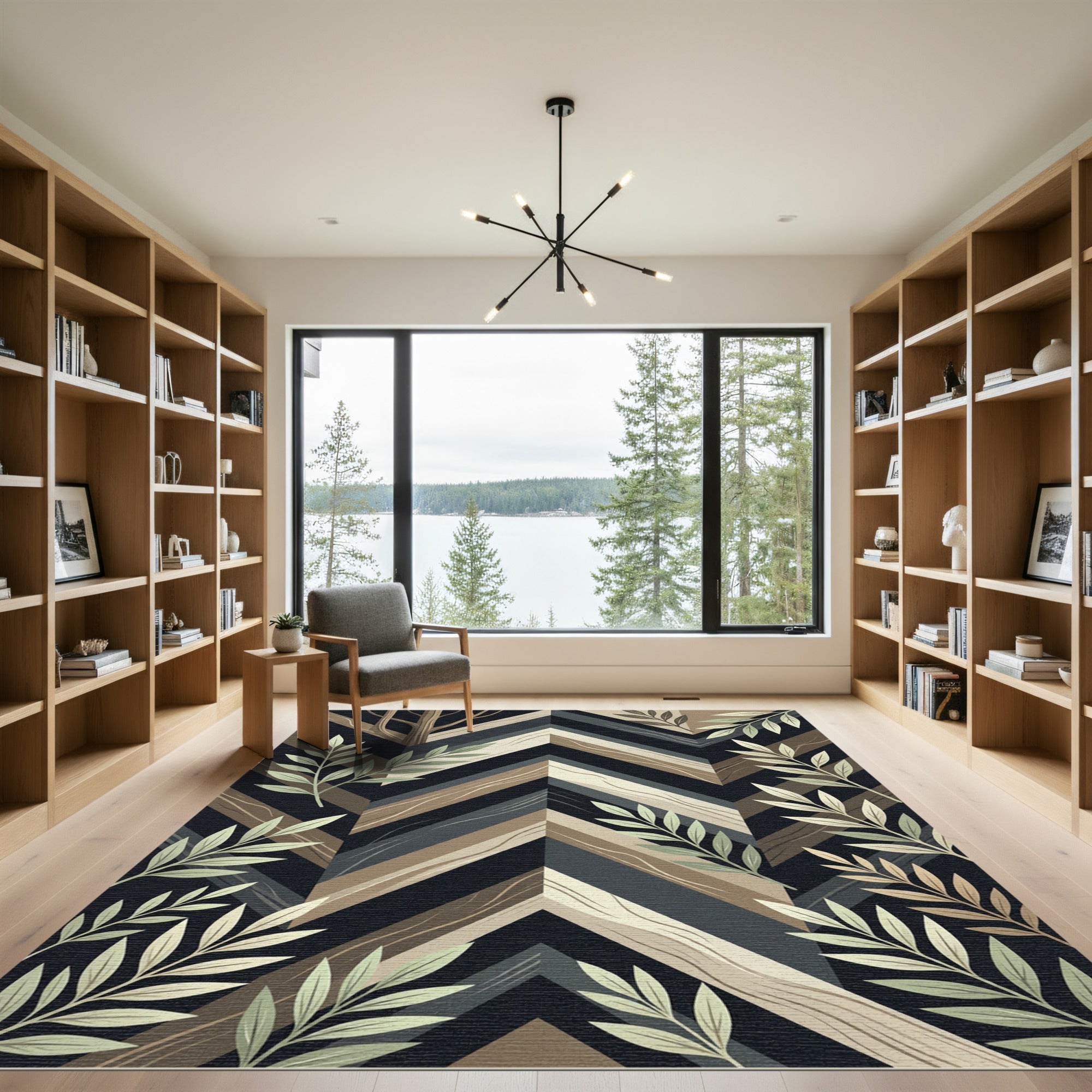 Modern Woodland Chevron Leaf Art Rug