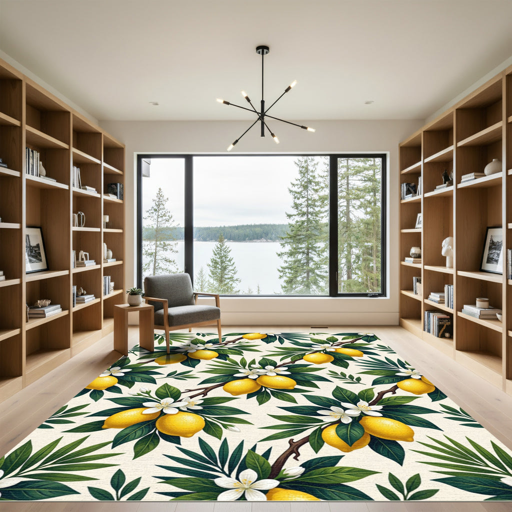 Sunny Lemon Citrus Blossom Botanical Art Rug
