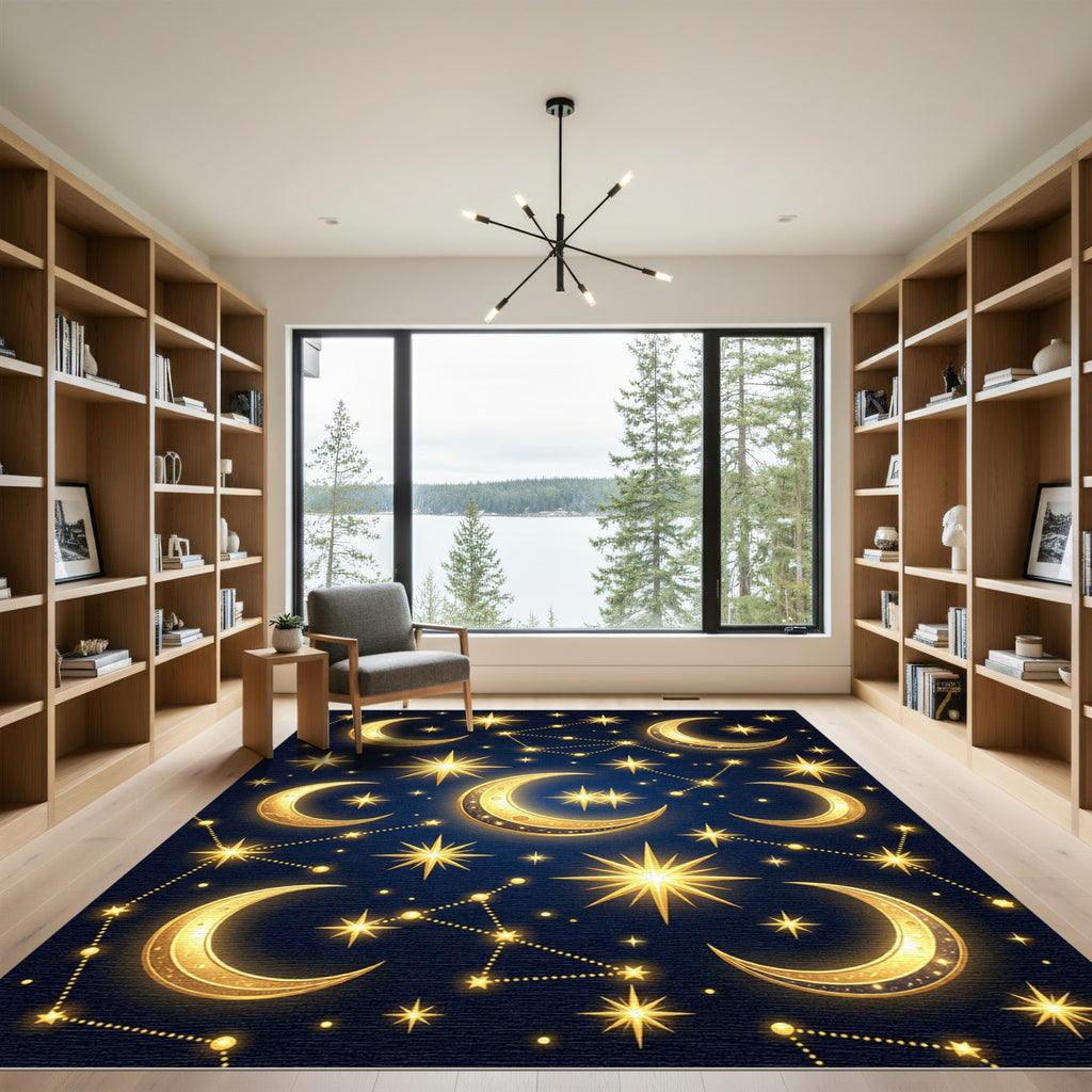 Celestial Golden Crescent Moon Starry Night Rug