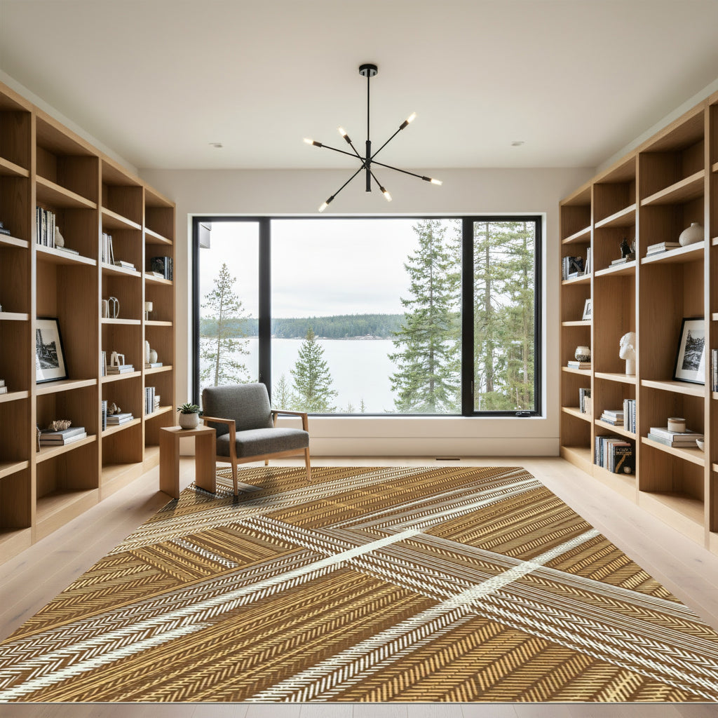 Earthy Brown Herringbone Textured Plaid Rug