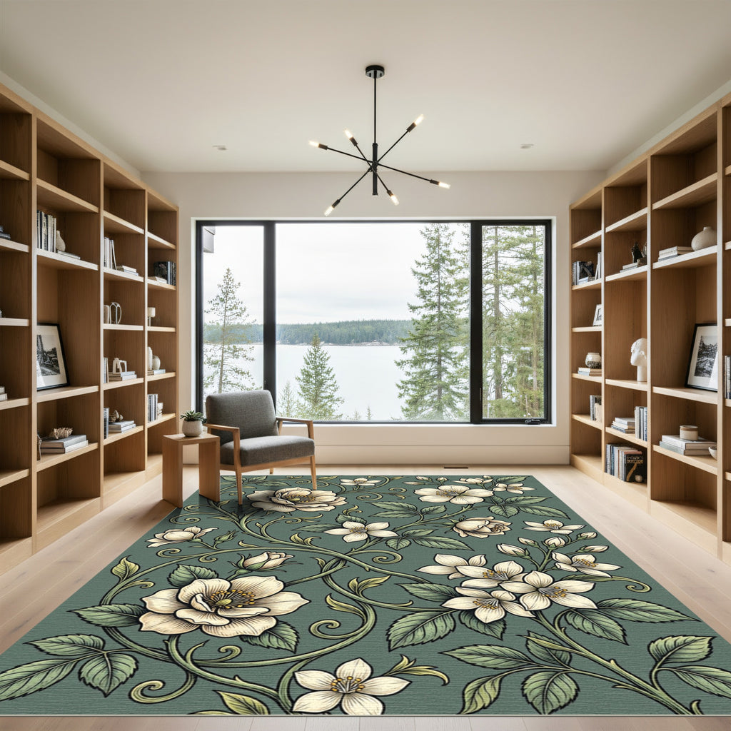 Elegant Sage Botanical Rose Scroll Rug