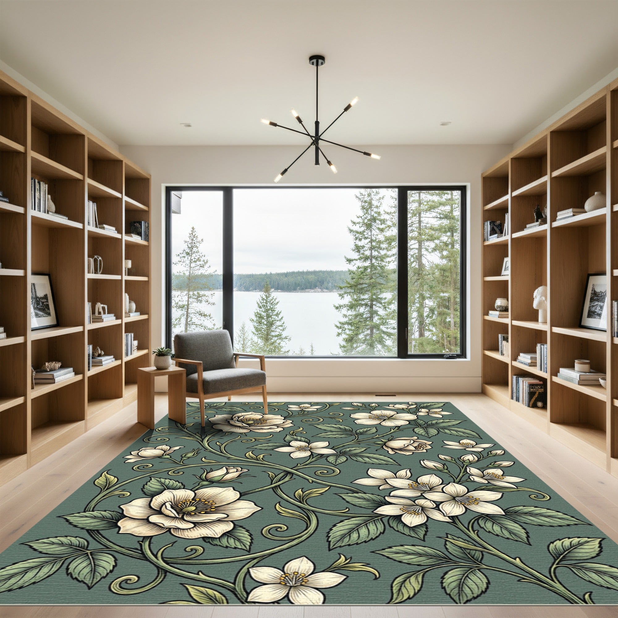 Elegant Sage Botanical Rose Scroll Rug