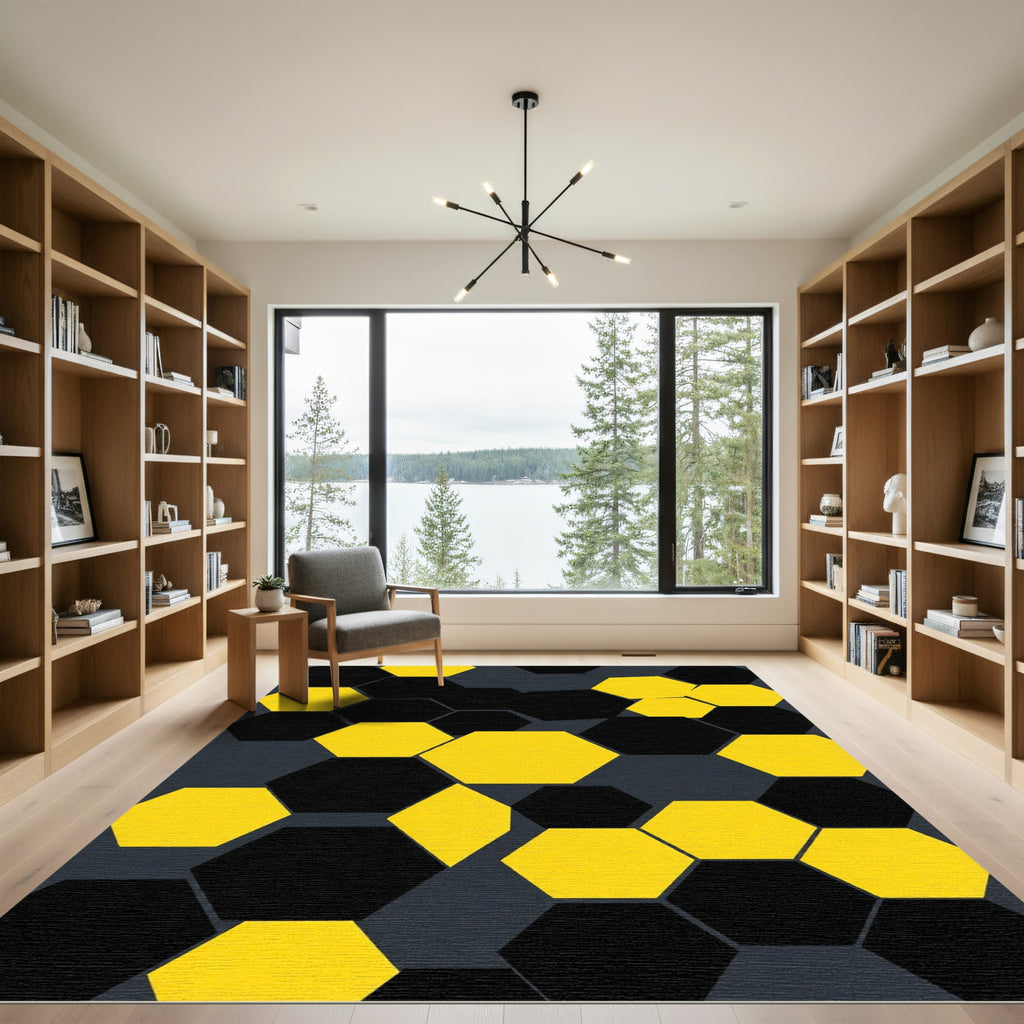 Bold Yellow and Black Geometric Hexagons Rug
