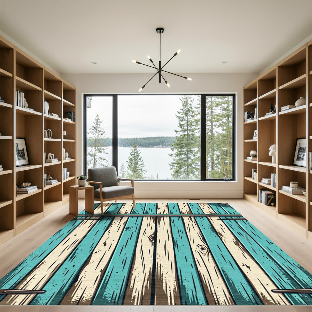 Rustic Teal and Cream Wood Plank Rug