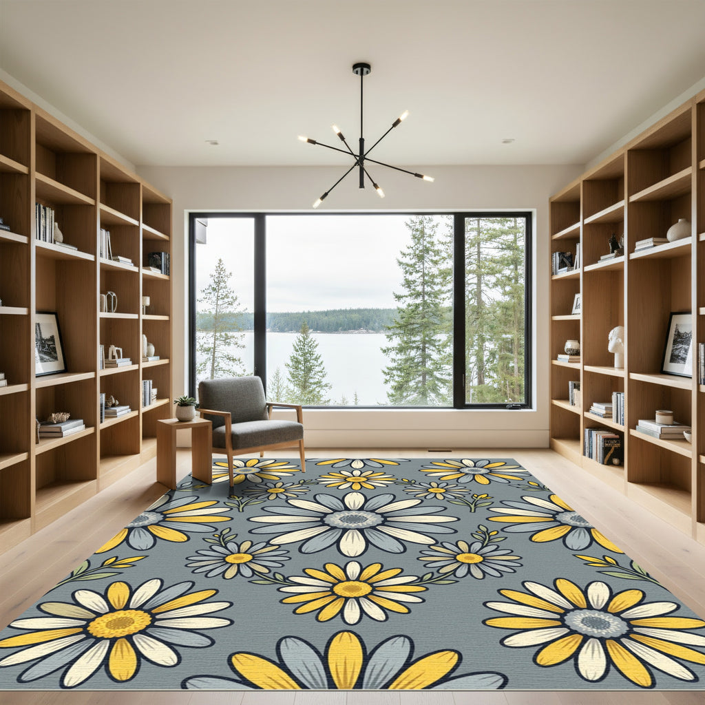 Yellow and Blue Daisy Floral Tile Rug