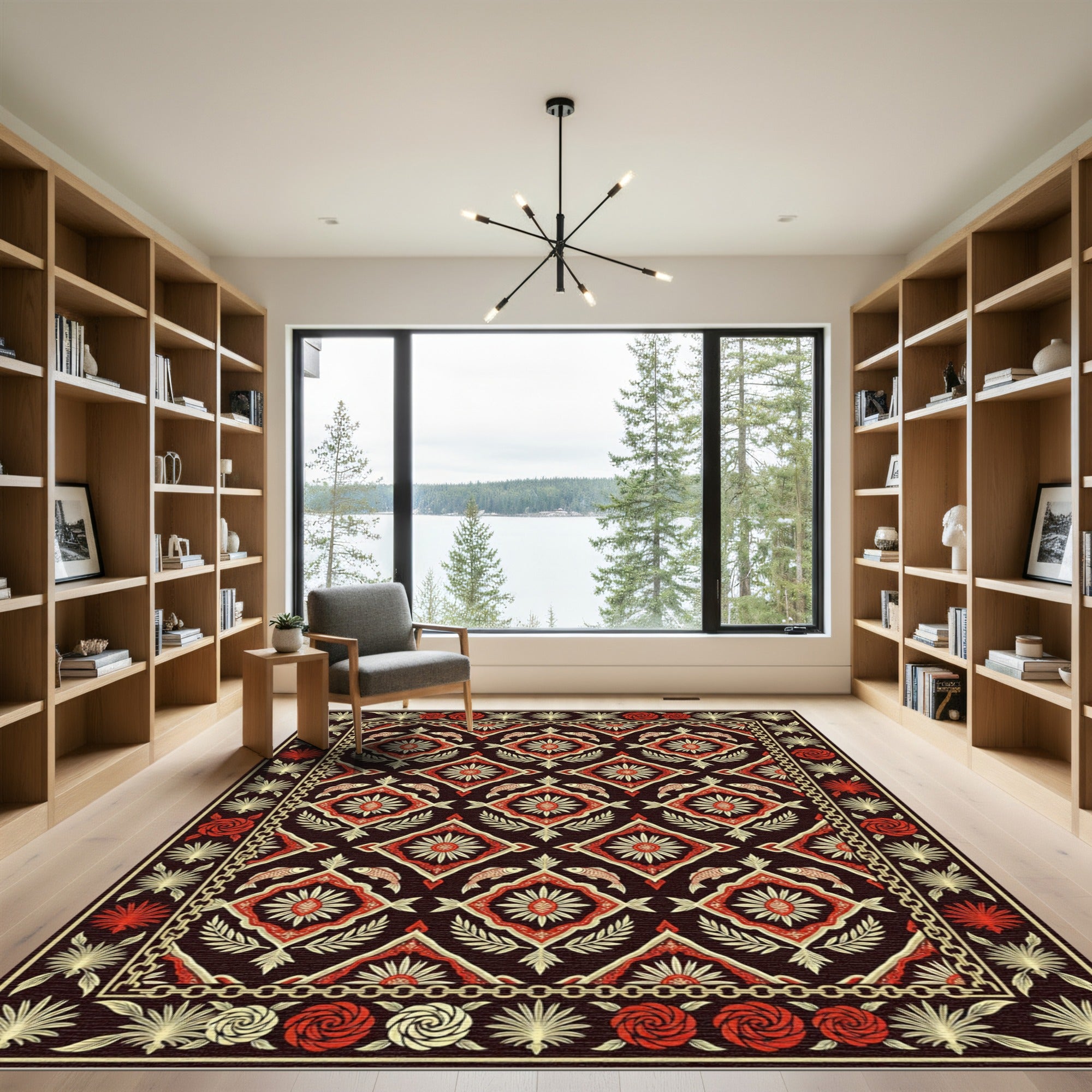Crimson Gold Fish Floral Chain Border Rug