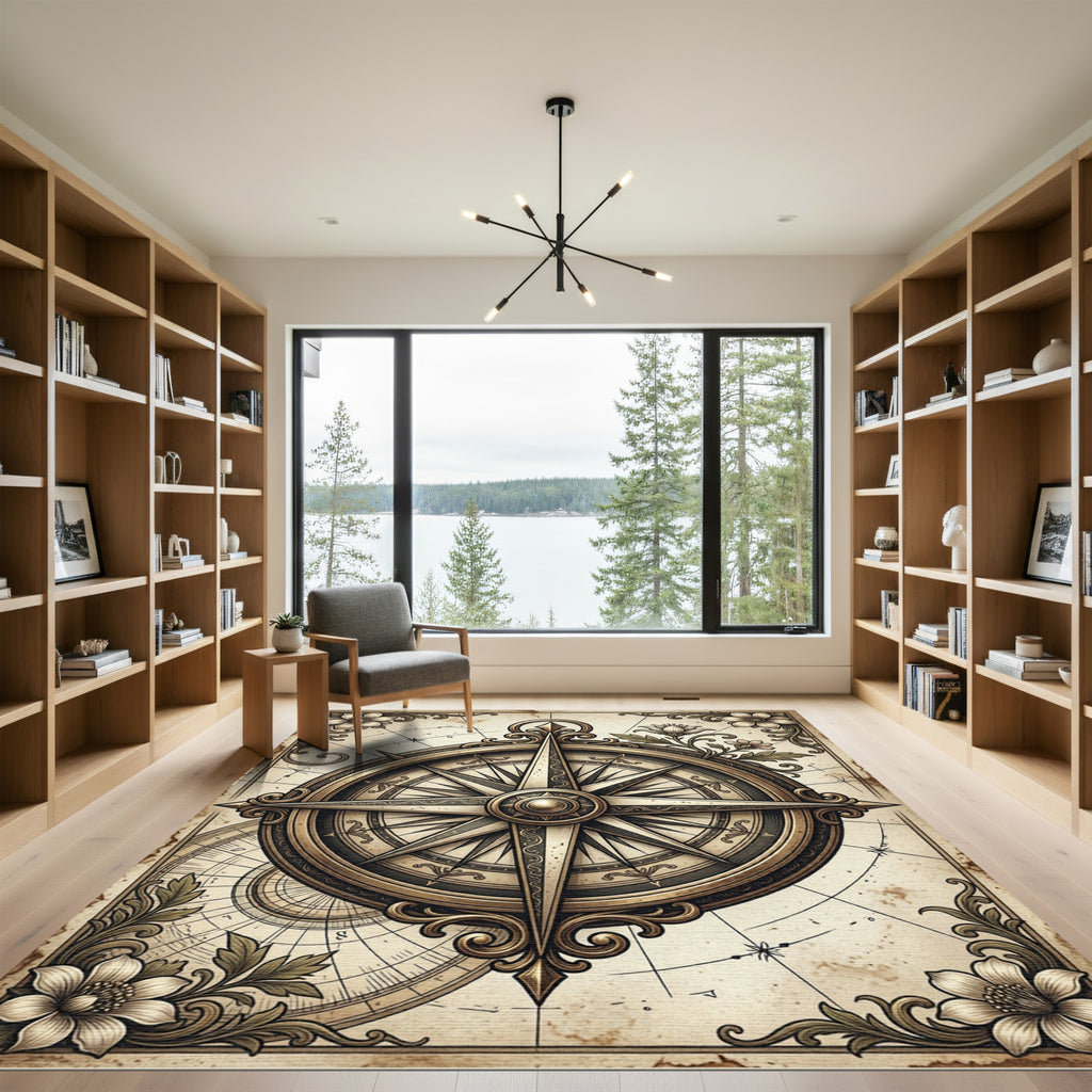 Vintage Bronze Compass Floral Map Rug