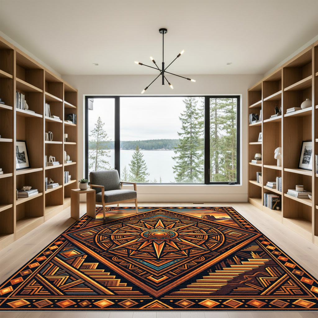 Golden Desert Sun Geometric Radiant Compass Rug