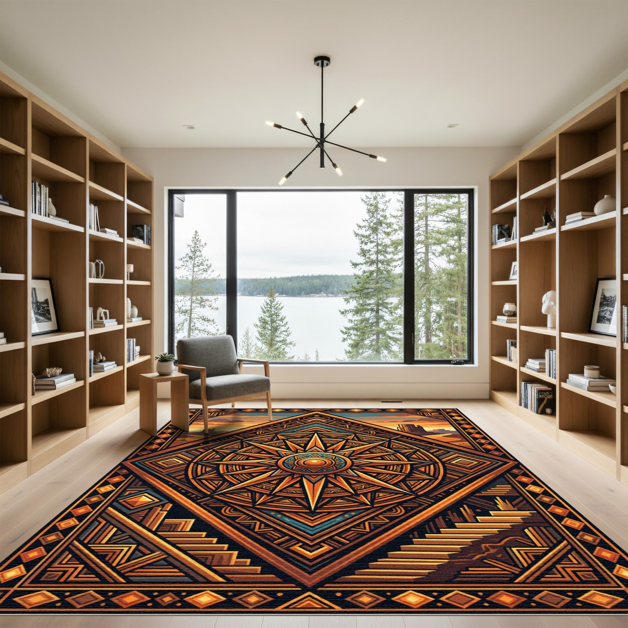 Golden Desert Sun Geometric Radiant Compass Rug
