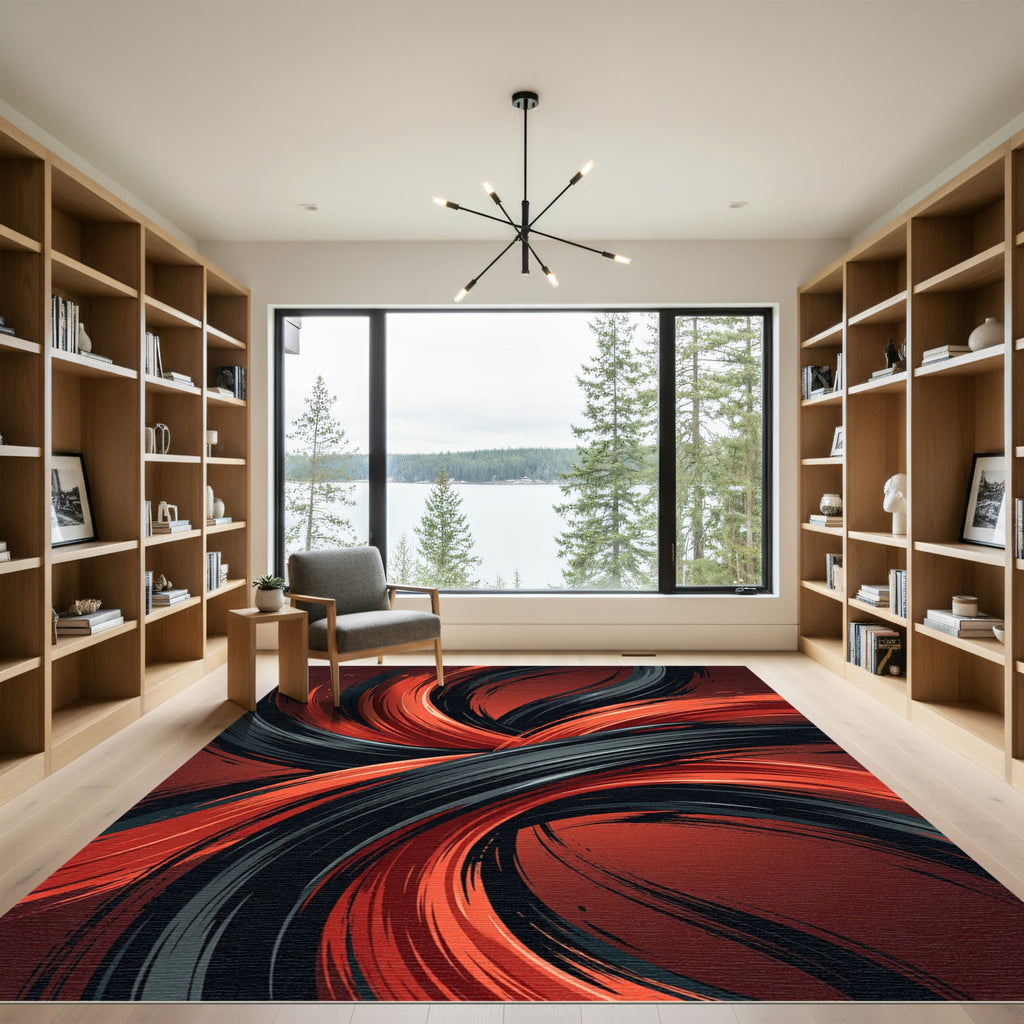 Black and Red Dynamic Swirl Rug