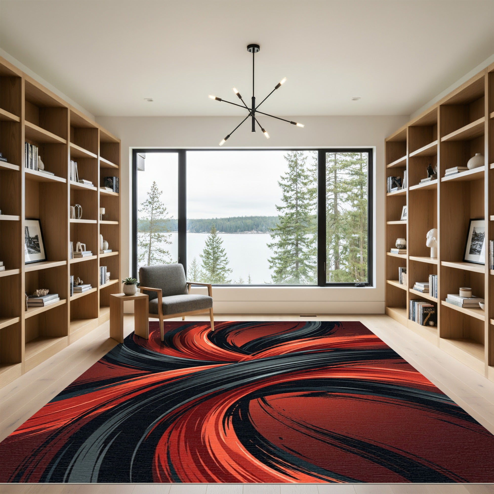 Black and Red Dynamic Swirl Rug