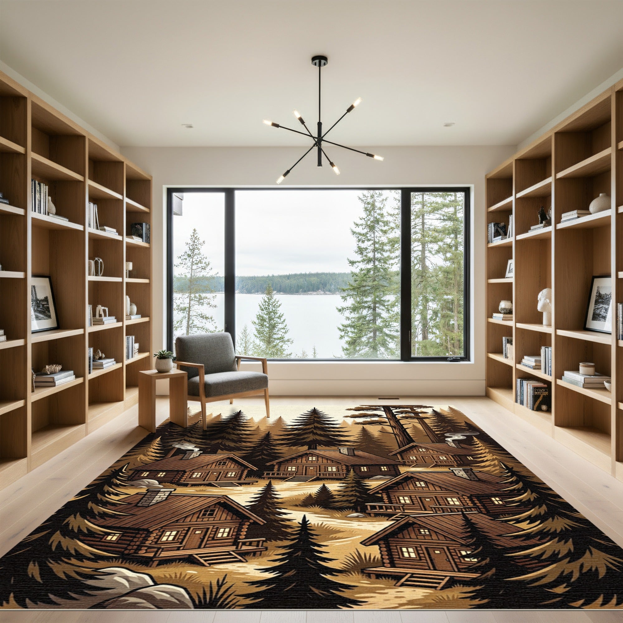Rustic Woodland Cabin Forest Scenery Rug
