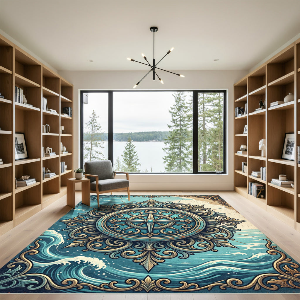 Ornate Teal Compass Nautical Medallion Rug