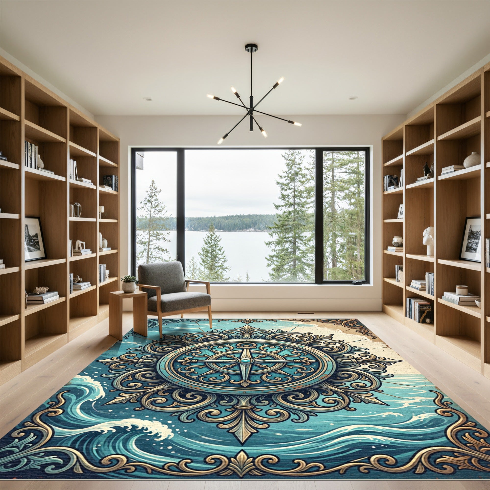 Ornate Teal Compass Nautical Medallion Rug