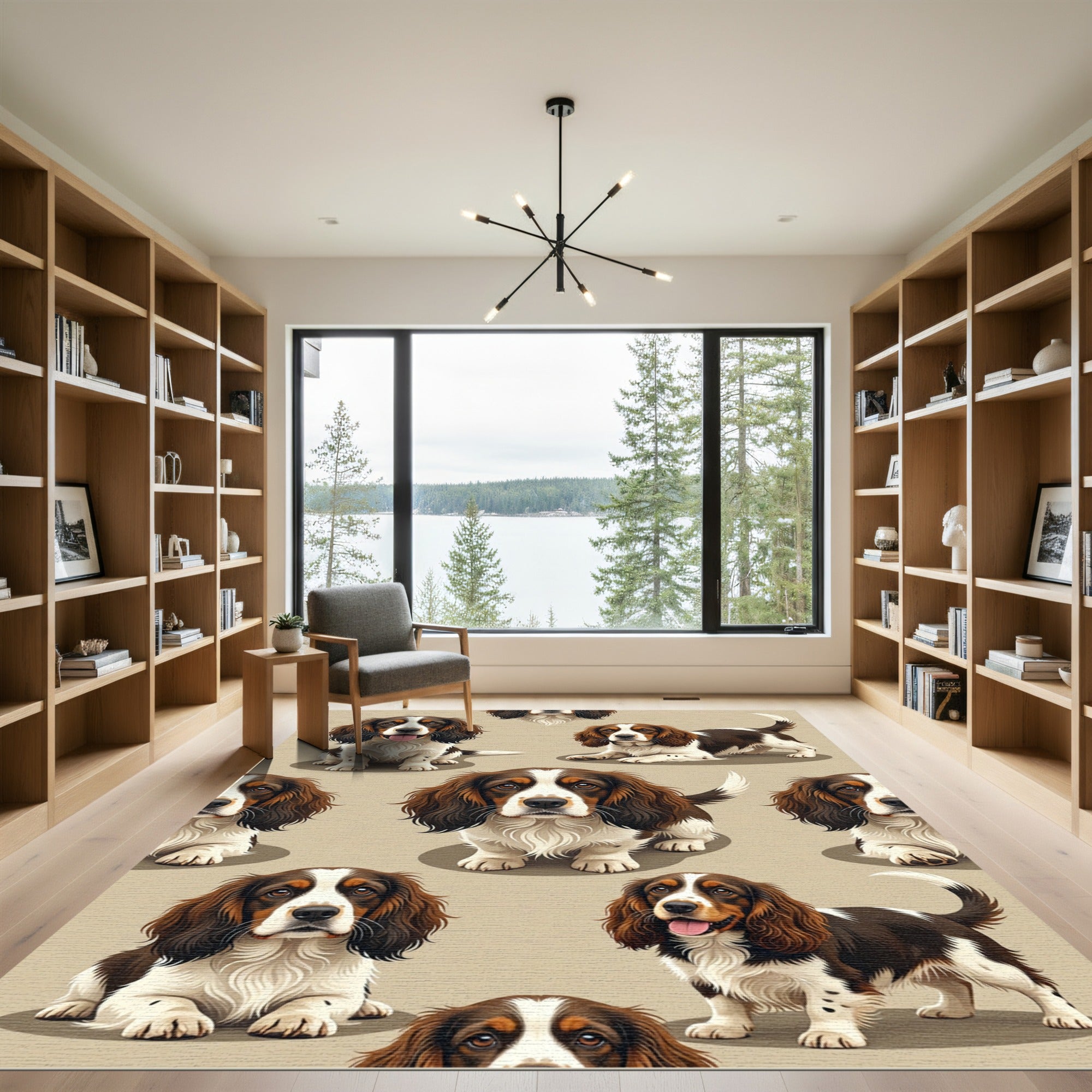 Playful Brown and White Spaniel Illustration Rug