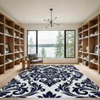 Navy Blue Damask Scroll Floral Art Rug