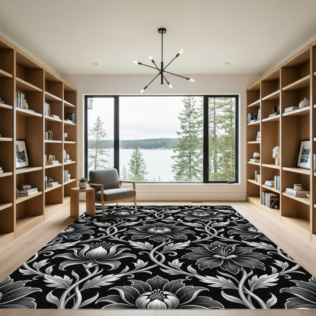 Elegant Monochrome Floral Scroll Jacquard Rug