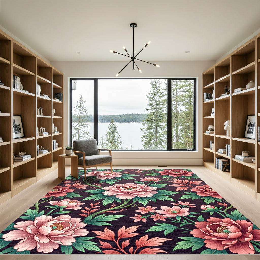 Pink Coral Peony Floral Vine Rug